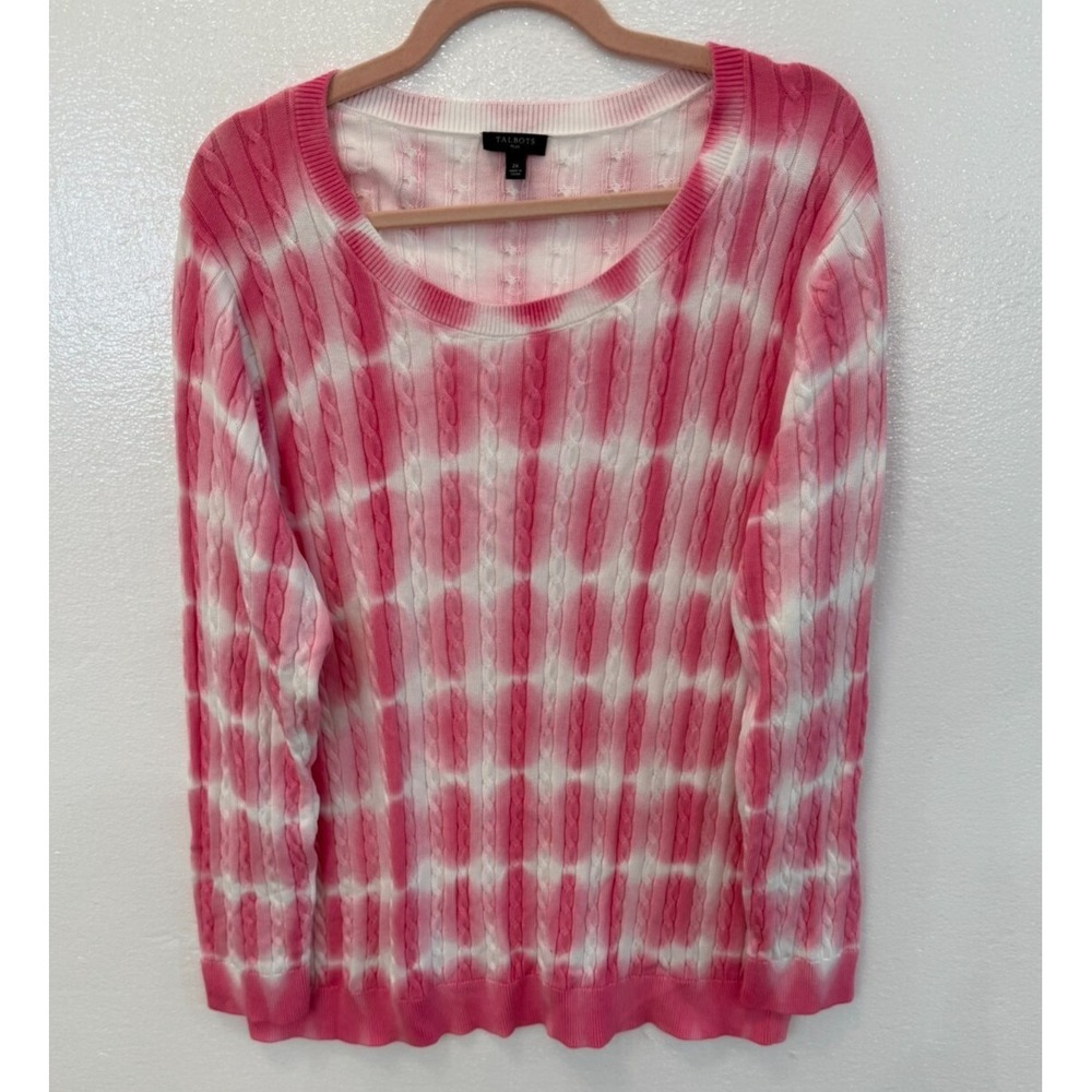 Talbots Plus Size 2X Pink & White Tie Dye Cotton‎ Cable Knit Sweater